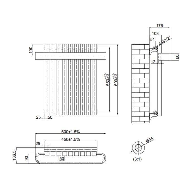 Gunmetal Single Panel Radiator with Brass Towel Bar 600 x 600mm - Iraya