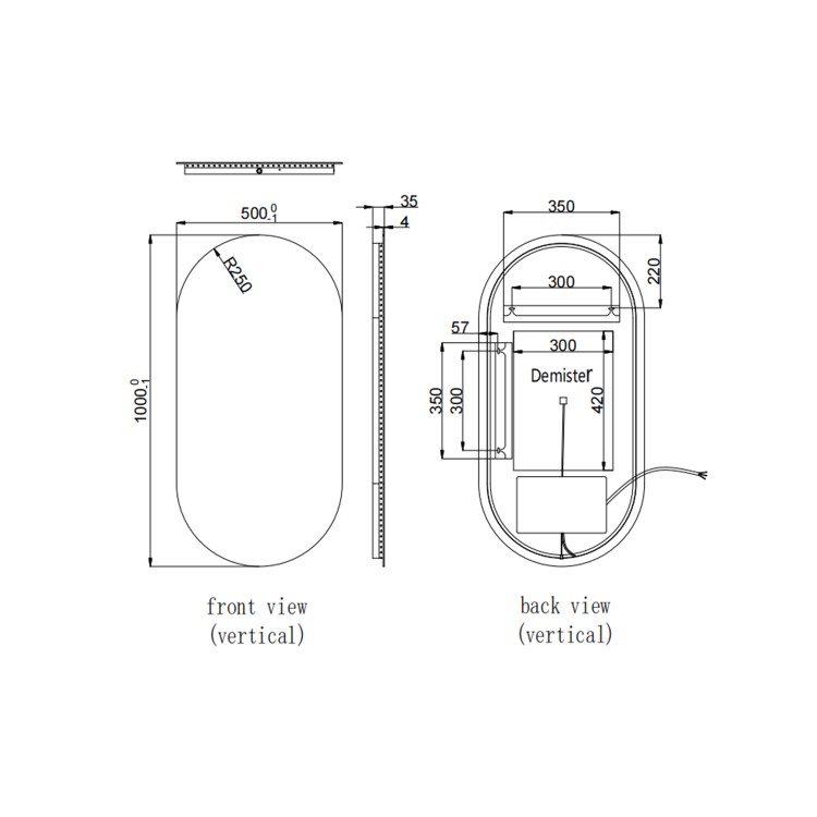 Oval Backlit Heated Bathroom Mirror with Lights 500 x 1000mm - Irena
