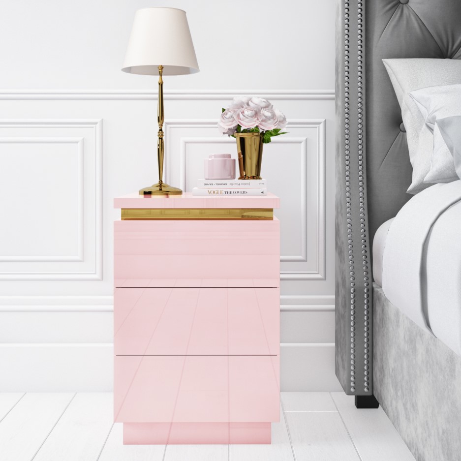 Isabella Pink Gloss 3 Drawer Bedside Table with Gold Trim BuyItDirect.ie
