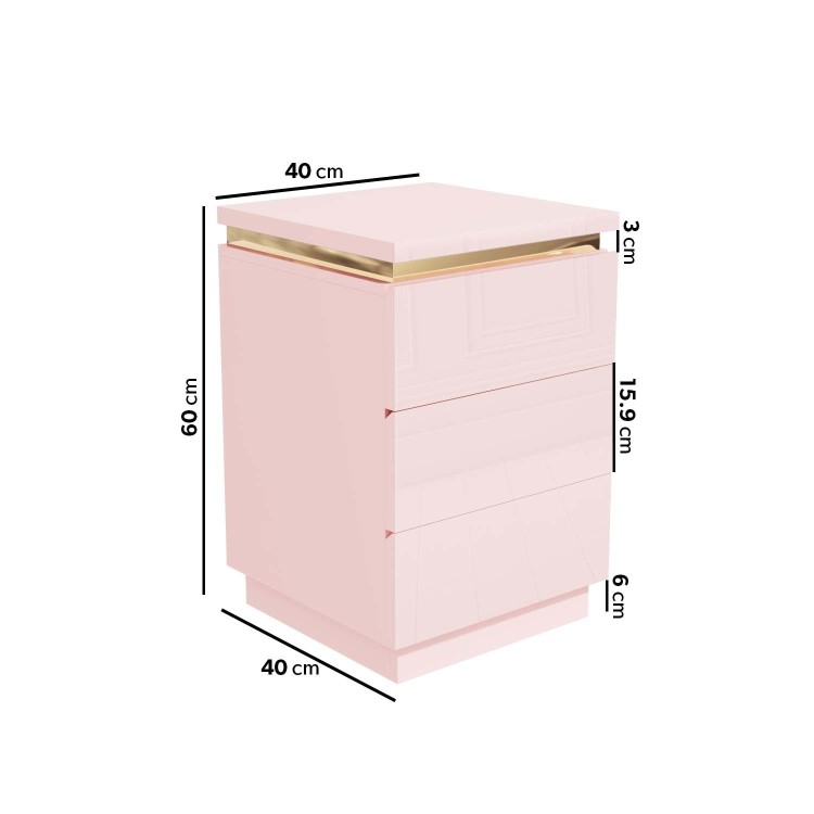 Pink High Gloss 3 Drawer Bedside Table with Metallic Trim - Isabella