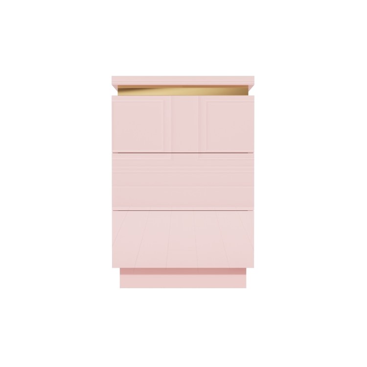 Pink High Gloss 3 Drawer Bedside Table with Metallic Trim - Isabella