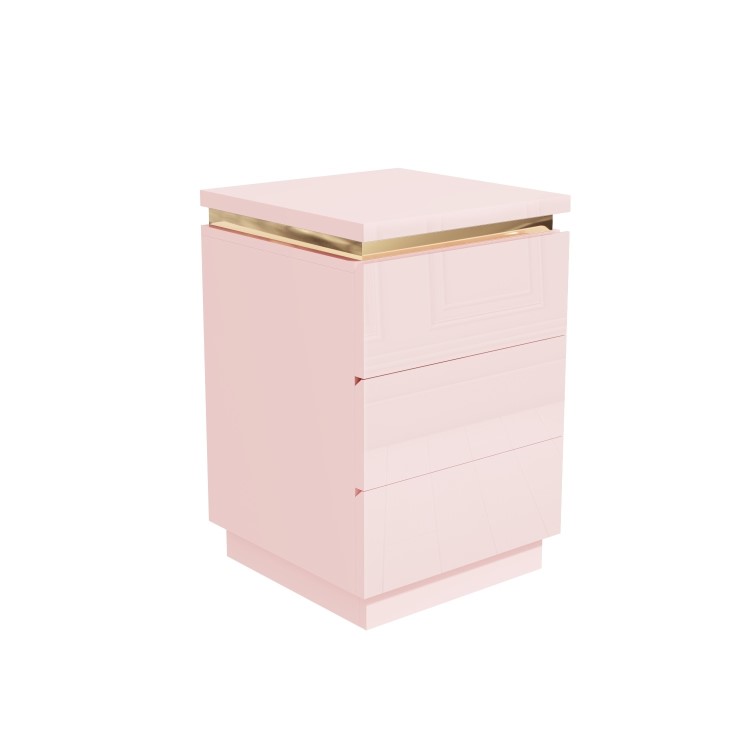 Pink High Gloss 3 Drawer Bedside Table with Metallic Trim - Isabella