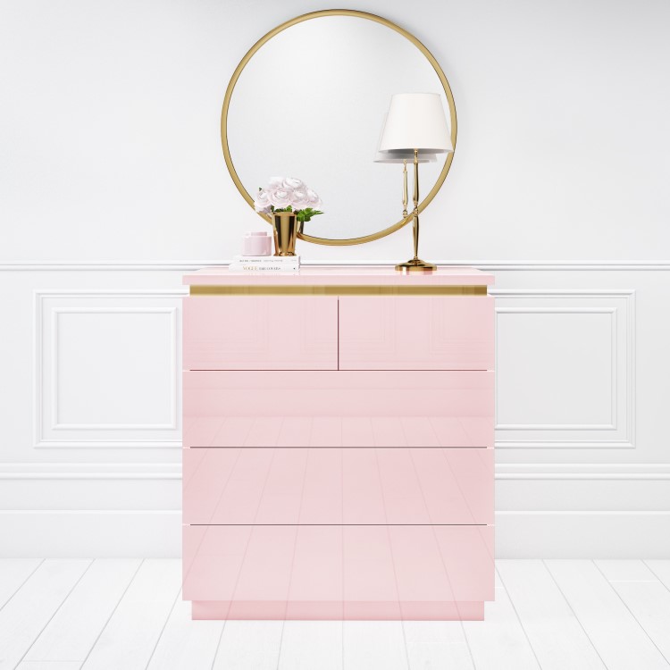 Pink High Gloss Chest of 5 Drawers with Metallic Trim - Isabella