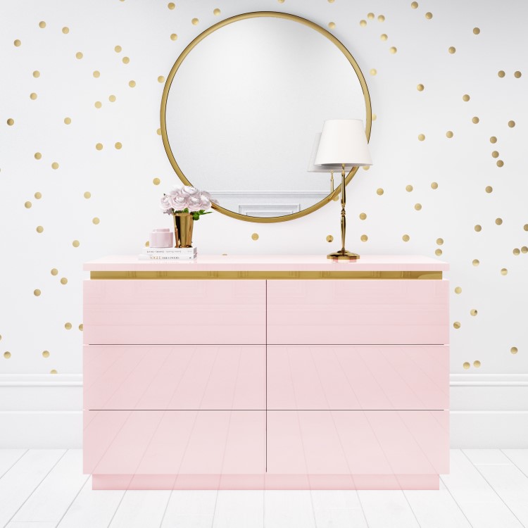Pink High Gloss Wide Chest of Drawers with a Gold Trim - Isabella 