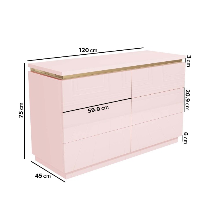 Pink High Gloss Wide Chest of Drawers with a Gold Trim - Isabella 