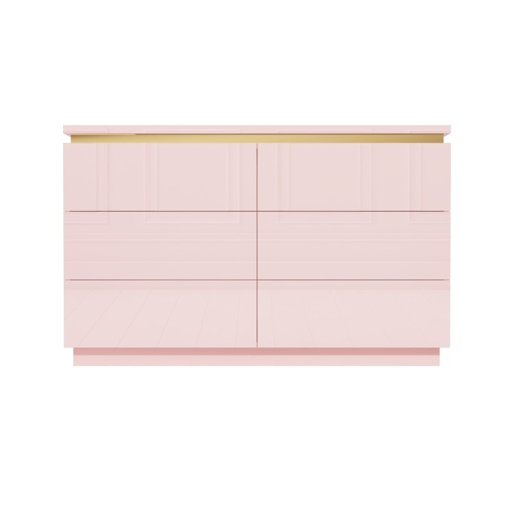 Pink High Gloss Wide Chest of Drawers with a Gold Trim - Isabella 