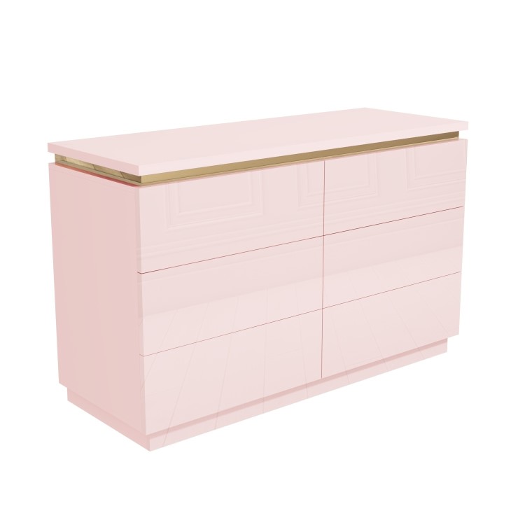Pink High Gloss Wide Chest of Drawers with a Gold Trim - Isabella 