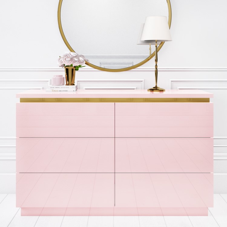 Pink High Gloss Wide Chest of Drawers with a Gold Trim - Isabella 