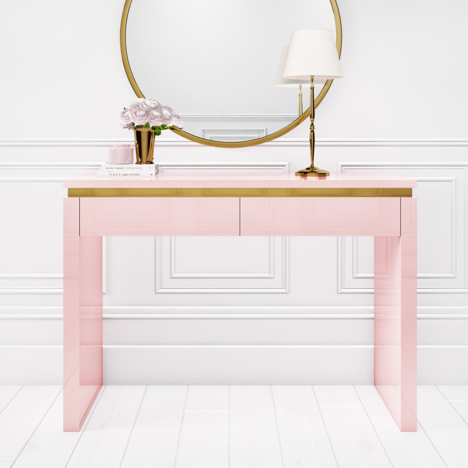 Pink High Gloss Dressing Table with 2 Drawers and Metallic Trim ...