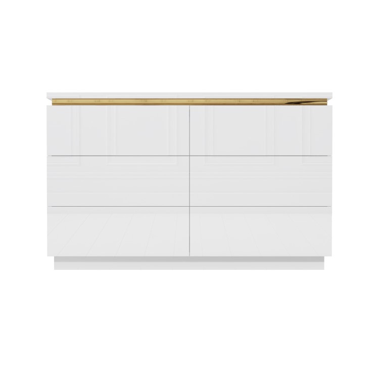 Wide White High Gloss Chest of Drawers with Metallic Trim - Isabella