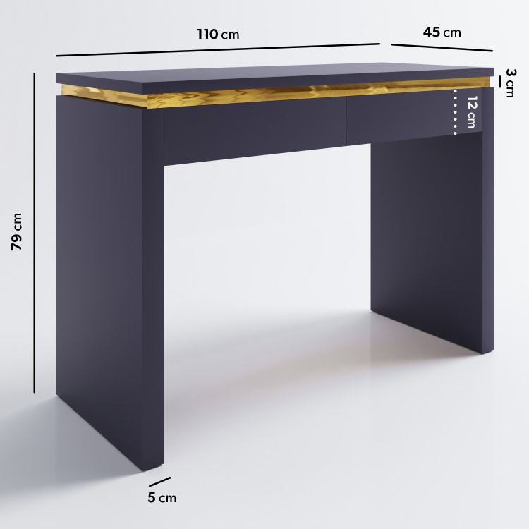 Navy Blue Dressing Table with 2 Drawers and Metallic Trim - Isabella