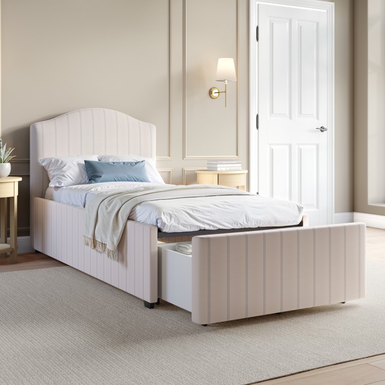Cream Upholstered Single Bed Frame with Storage Drawer - Isabelle