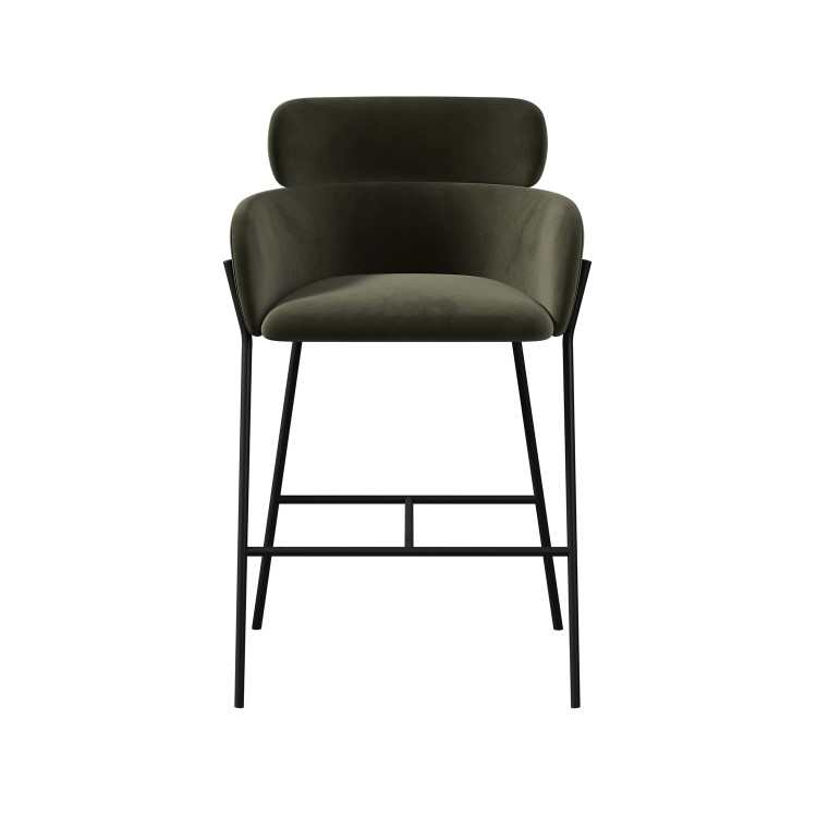 Green Velvet Curved Kitchen Stool with Back - Isla