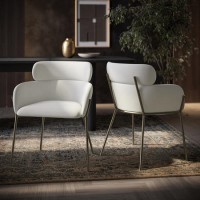 Set of 2 Cream Upholstered Curved Dining Chairs with Brass Legs - Isla