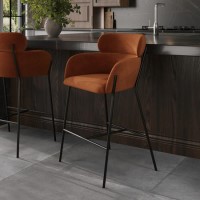 Burnt Orange Velvet Curved Kitchen Stool with Back - Isla
