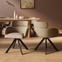 Set of 2 Beige Faux Leather Curved Swivel Dining Chairs - Isla