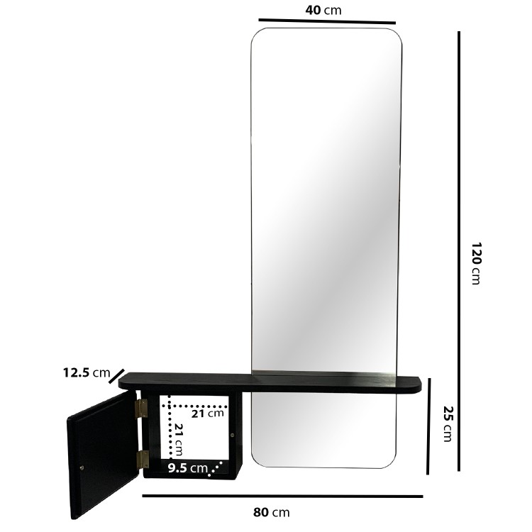 Slim & Narrow Black Oak Floating Console Table with Mirror & Storage - Izzi