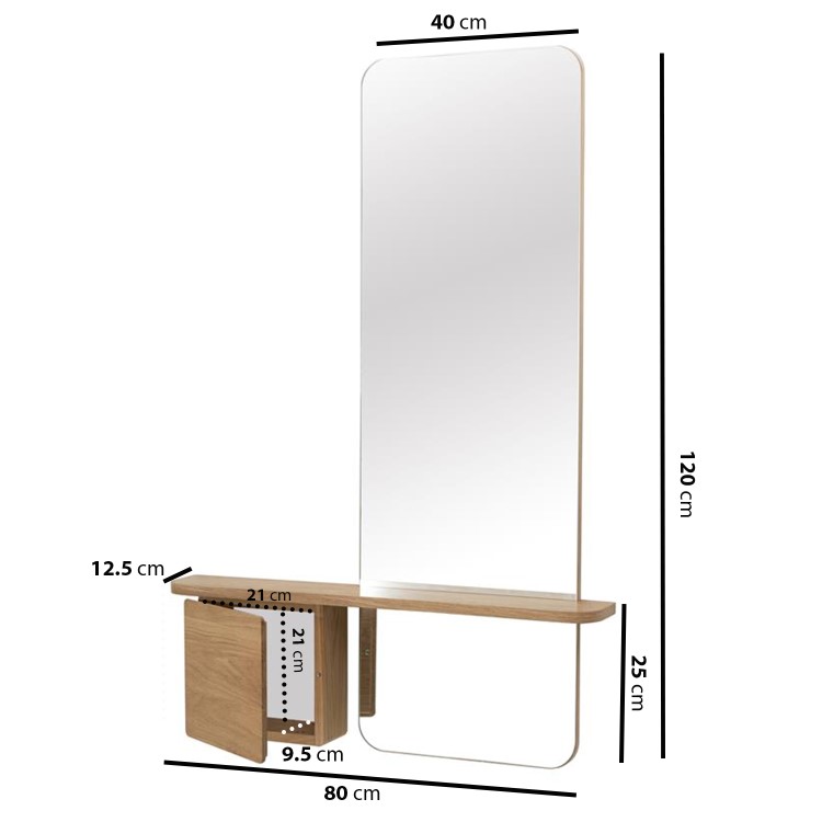 Slim & Narrow Oak Floating Console Table with Mirror & Storage - Izzi