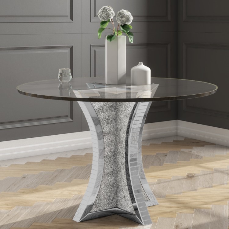 Round Mirrored Dining Table with Glass Top & Crushed Diamond Effect - Seats 4 - Jade Boutique
