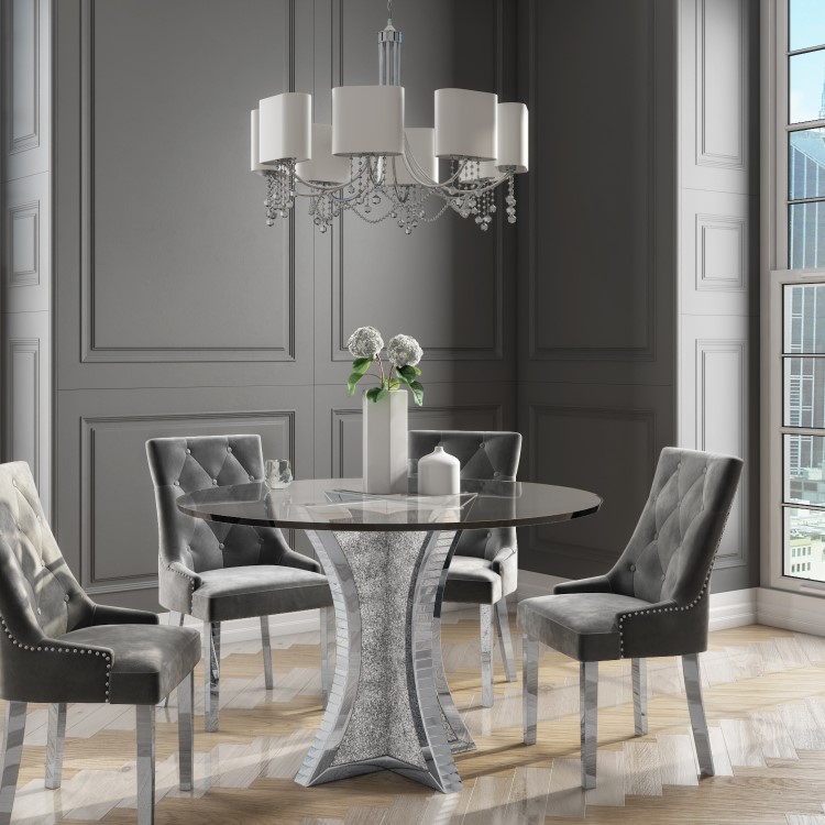 Round Mirrored Dining Table with Glass Top & Crushed Diamond Effect - Seats 4 - Jade Boutique