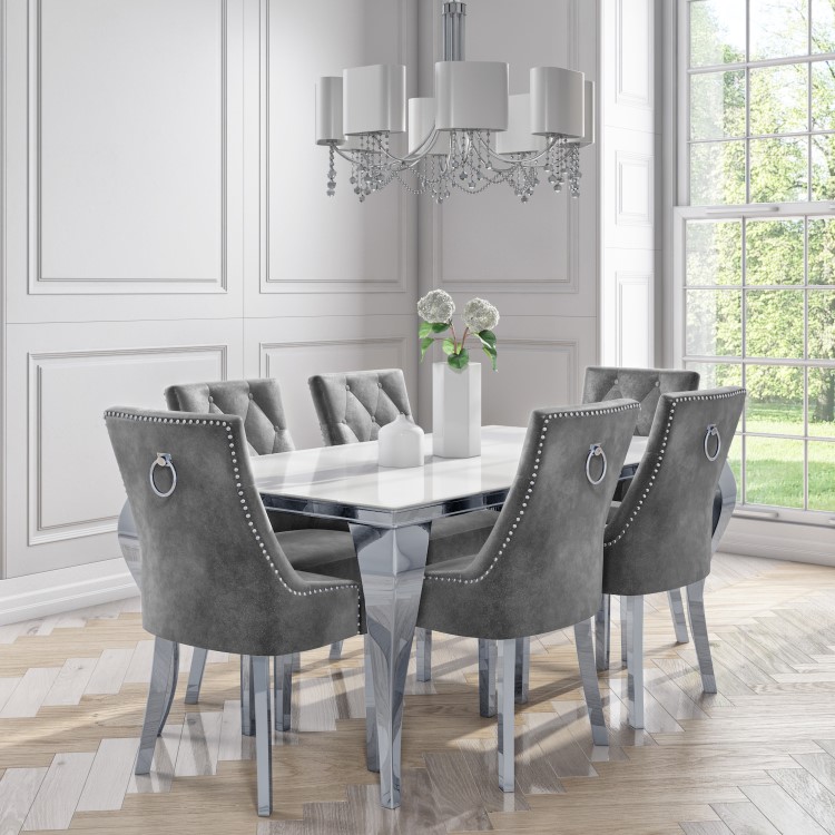 Set of 2 Grey Knocker Chairs in Velvet with Chrome Legs & Studs - Jade Boutique 
