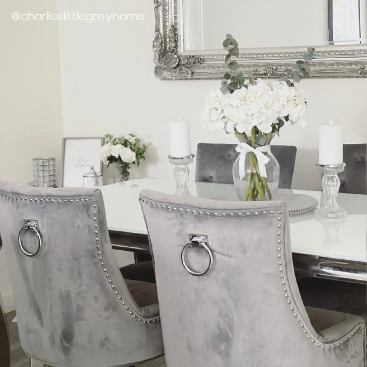 Set of 2 Grey Knocker Chairs in Velvet with Chrome Legs & Studs - Jade Boutique 