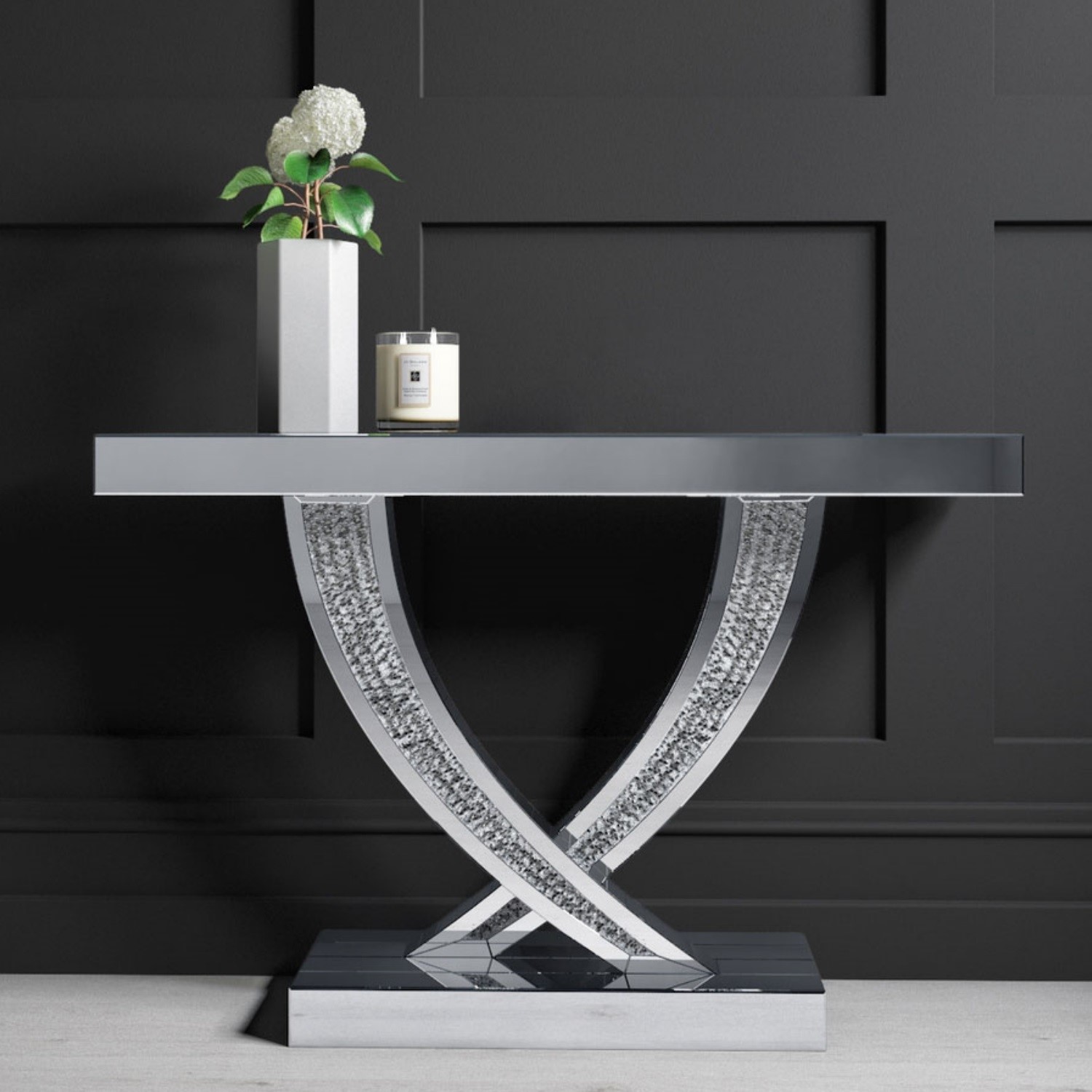 Narrow Mirrored Console Table with Crushed Crystal Detailing Jade Boutique