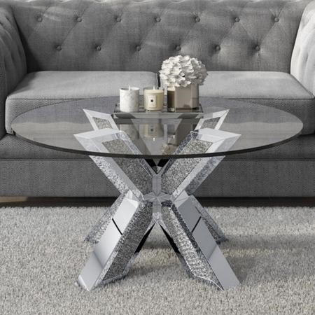 Round Glass Coffee Table With Mirrored, Round Mirrored Coffee Tables With Diamond Gems