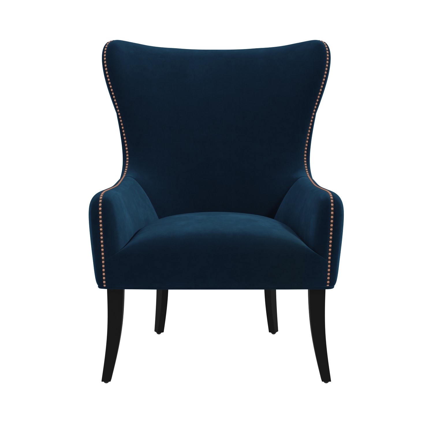 navy blue velvet armchair with black legs and brass studs  jade boutique
