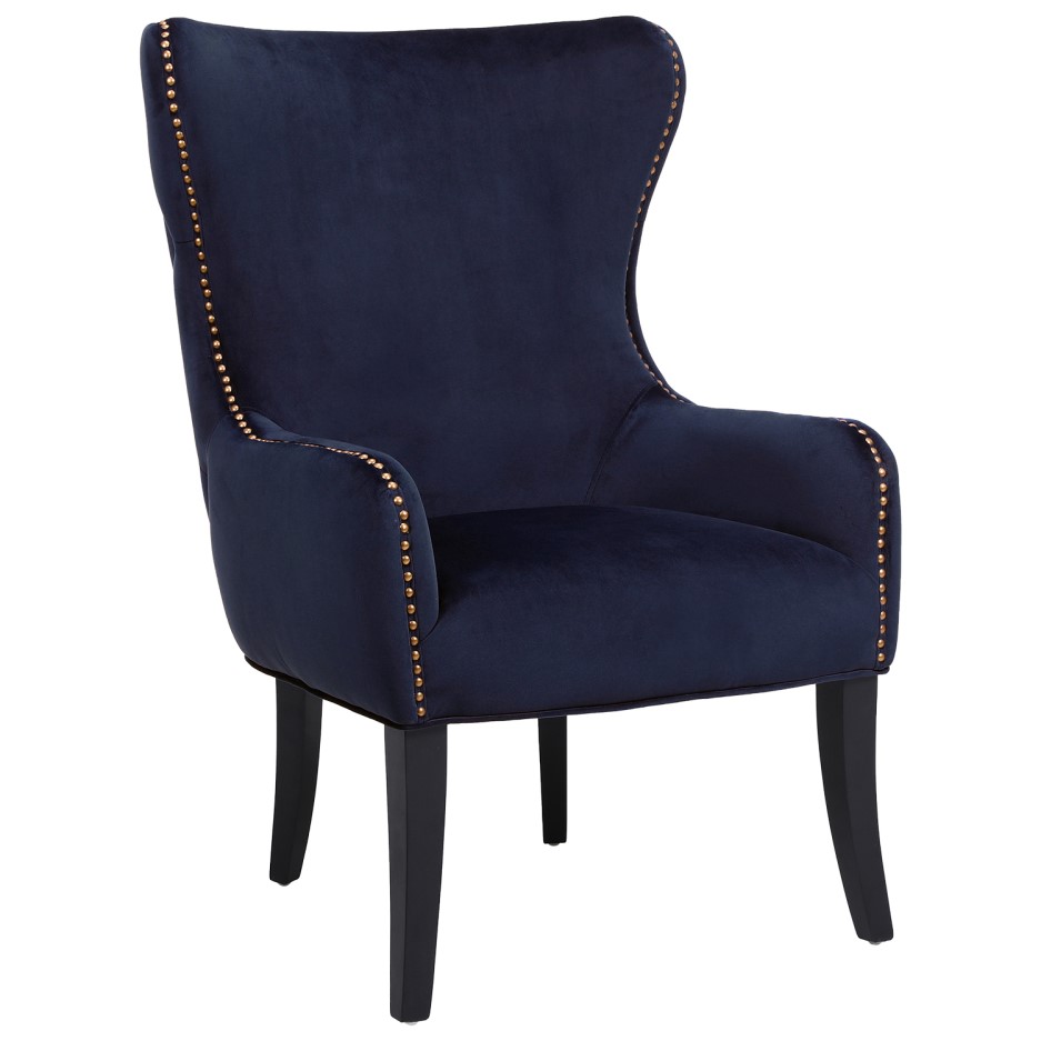 Navy Blue Velvet Armchair with Black Legs and Brass Studs - Jade Boutique - BuyItDirect.ie