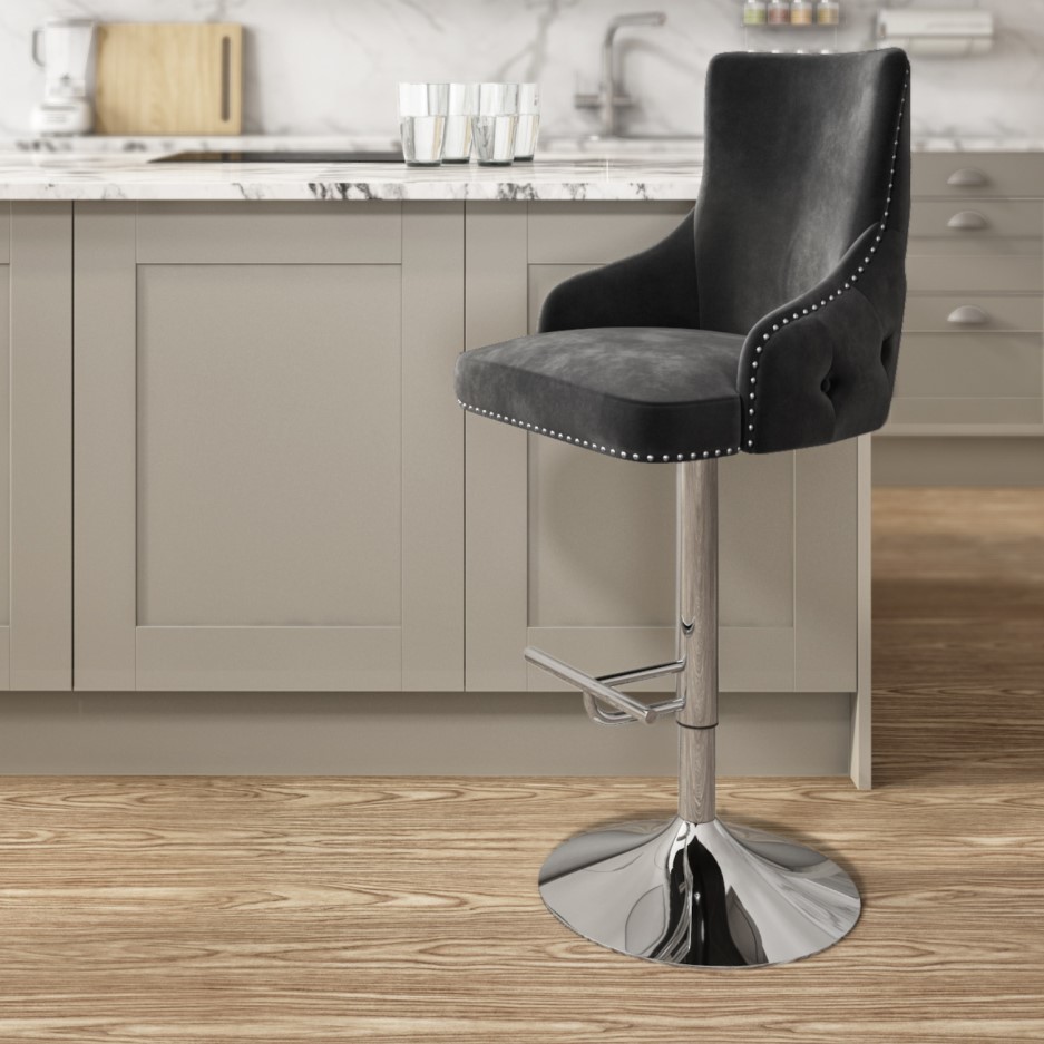 Dark Grey Velvet Bar Stool with Button Back & Swivel Base Jade