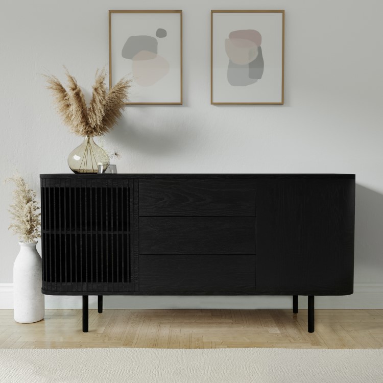 Large Black Curved Wooden Sideboard with Drawers - Jarel