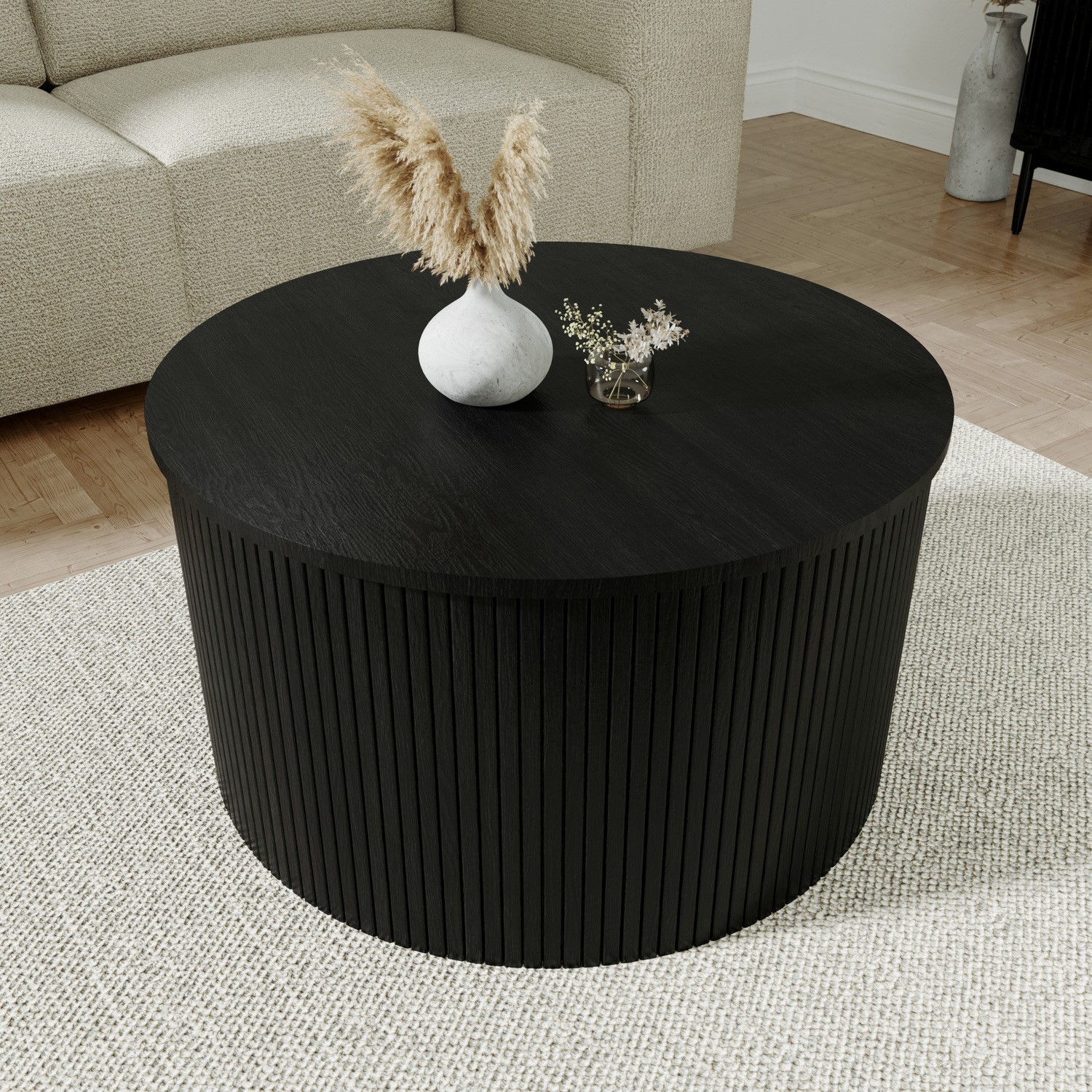 Round Black Oak Coffee Table with Storage - Jarel - BuyItDirect.ie
