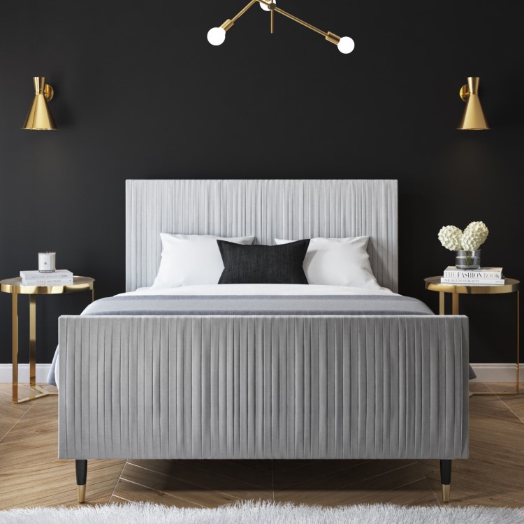 Grey Velvet Mid Century King Size Bed Frame with Legs - Jasmine