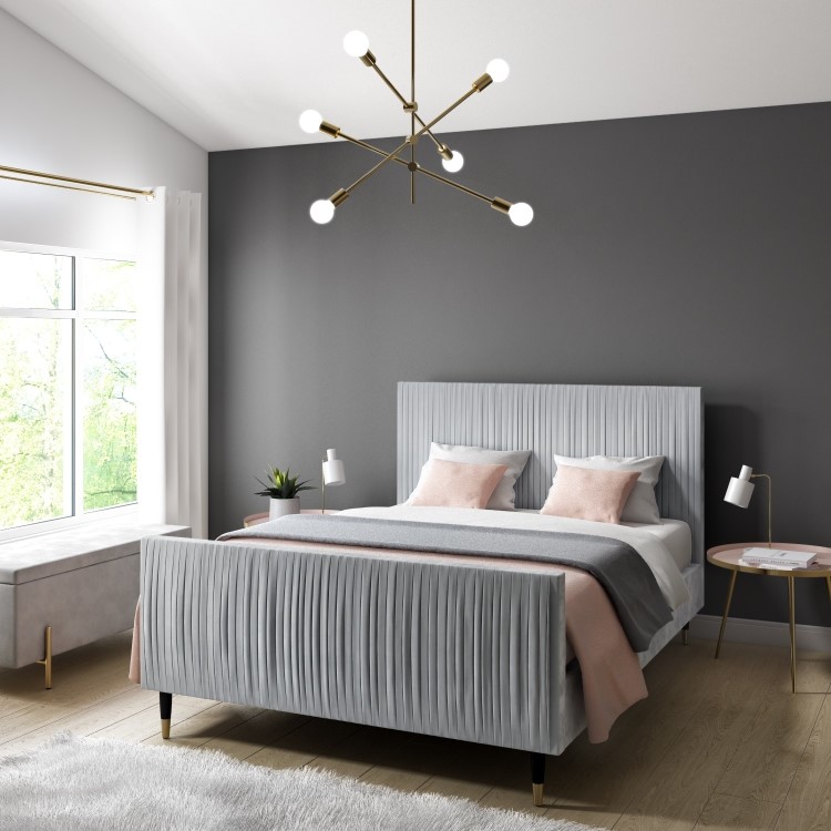 Grey Velvet Mid Century King Size Bed Frame with Legs - Jasmine