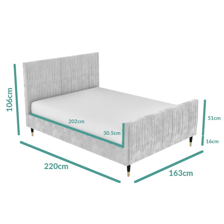 Grey Velvet Mid Century King Size Bed Frame with Legs - Jasmine