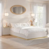 Cream Upholstered King Size Ottoman Bed with Wide Headboard and Floating Bedside Tables - Jacques