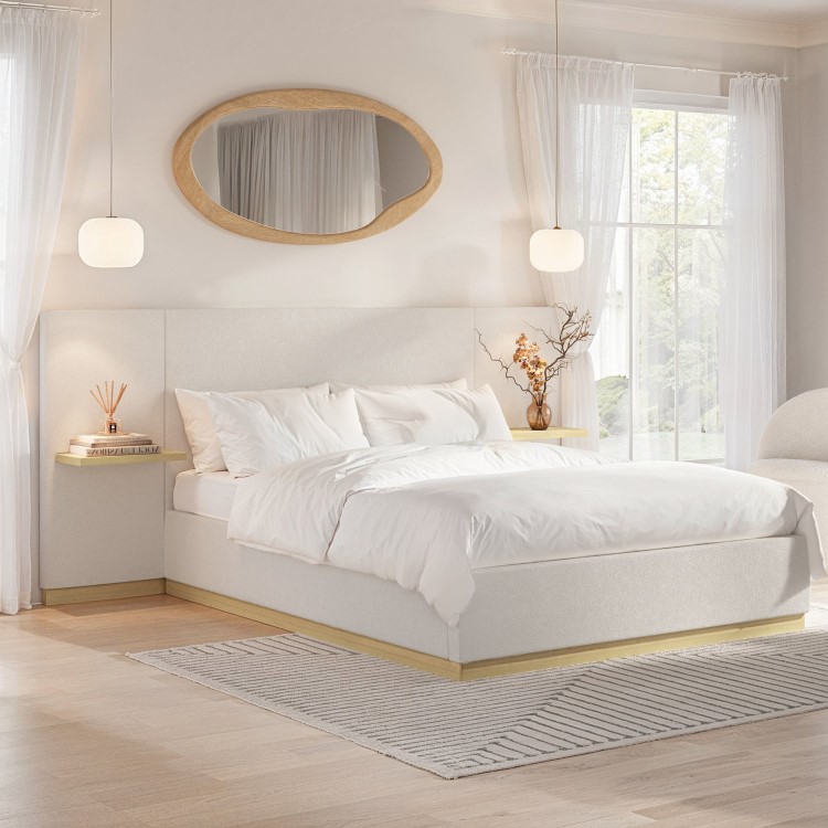 Cream Upholstered King Size Ottoman Bed with Wide Headboard and Floating Bedside Tables - Jacques