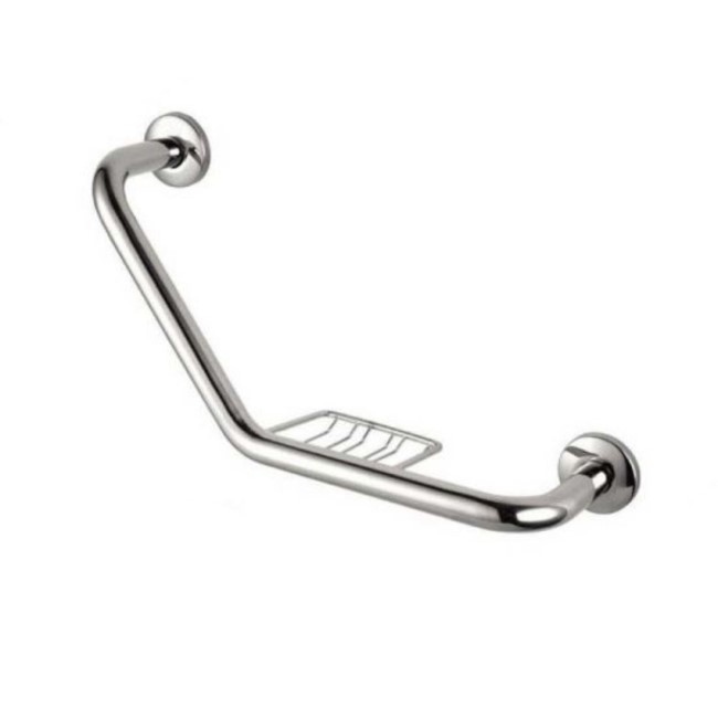 GRADE A1 - Stainless Steel Angled Grab Rail with Soap Basket 420mm