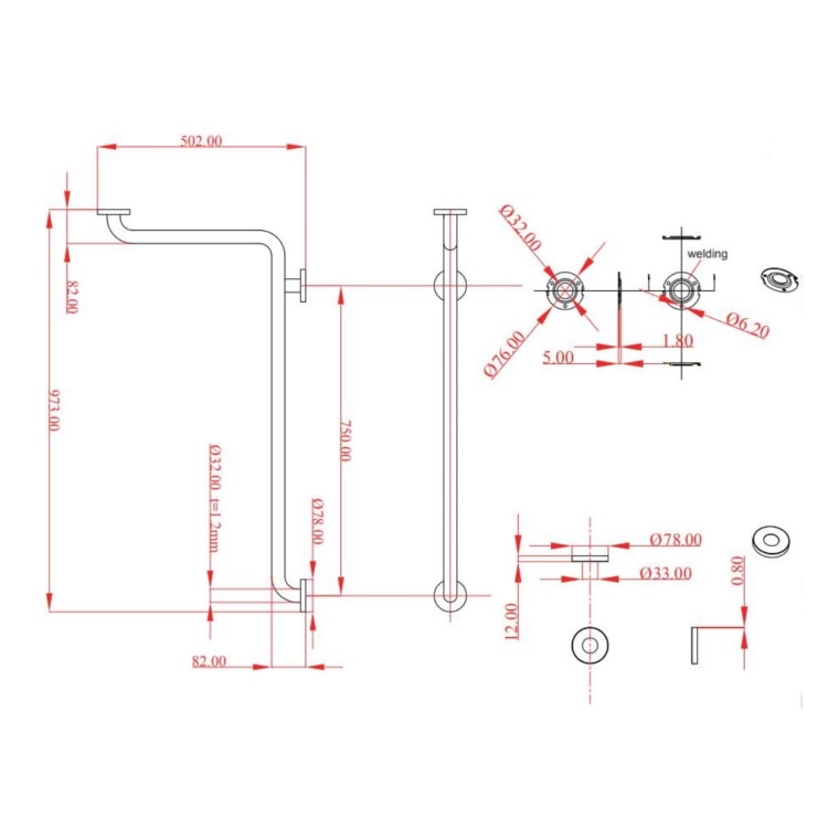 Stainless Steel L Shaped Grab Rail 973mm
