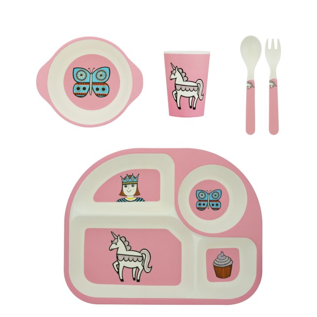 5-piece Kids Tableware Set in Unicorn + Princess Design by Jane Foster