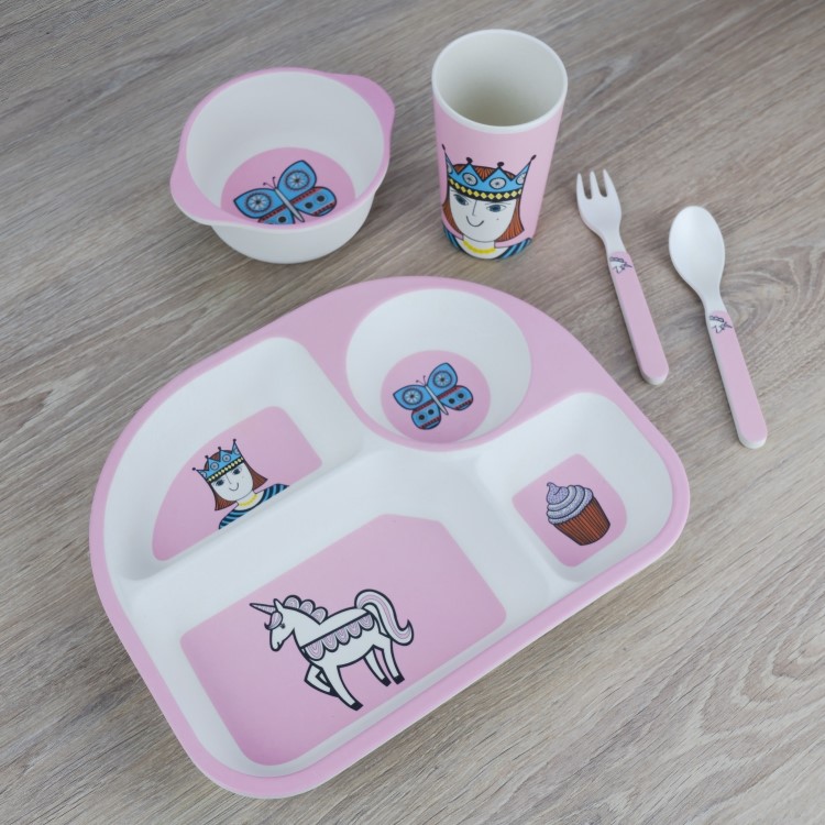 5-piece Kids Tableware Set in Unicorn + Princess Design by Jane Foster