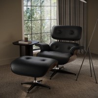 Black Real Leather and Walnut Lounge Chair with Ottoman - Joseph