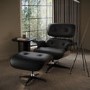 Black Real Leather and Walnut Lounge Chair with Ottoman - Joseph