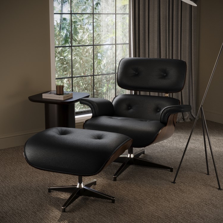 Black Real Leather and Walnut Lounge Chair with Ottoman - Joseph