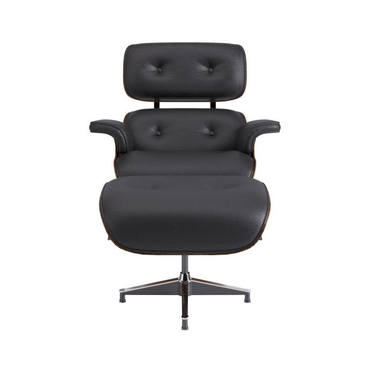 Black Real Leather and Walnut Lounge Chair with Ottoman - Joseph