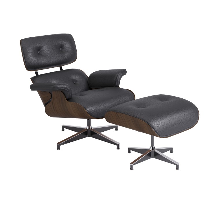 Black Real Leather and Walnut Lounge Chair with Ottoman - Joseph