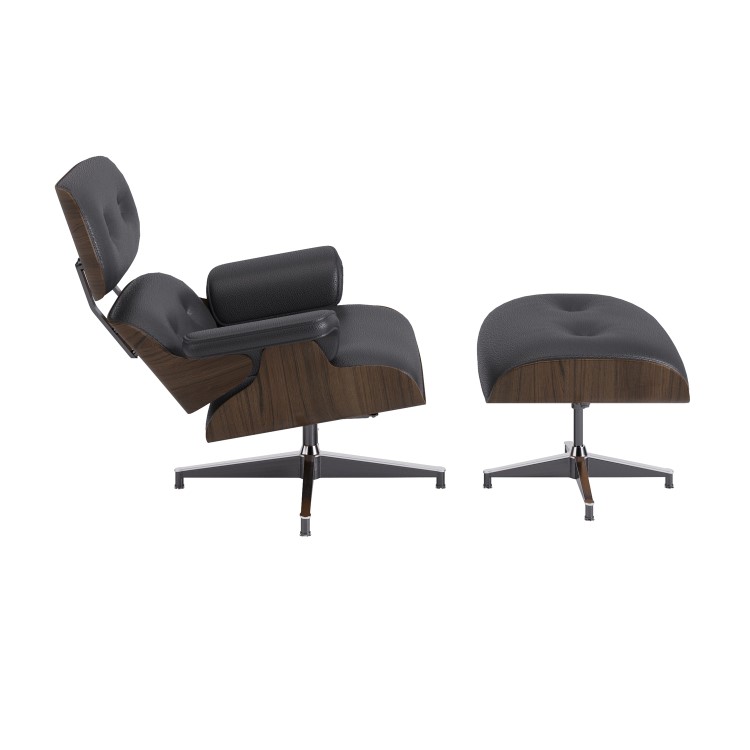 Black Real Leather and Walnut Lounge Chair with Ottoman - Joseph