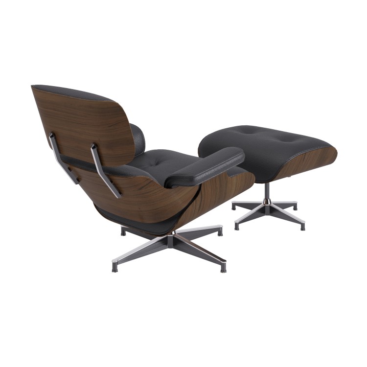 Black Real Leather and Walnut Lounge Chair with Ottoman - Joseph