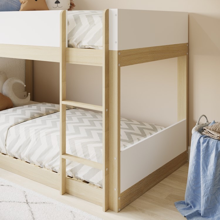 White and Oak Low Wooden Bunk Bed - Jesse